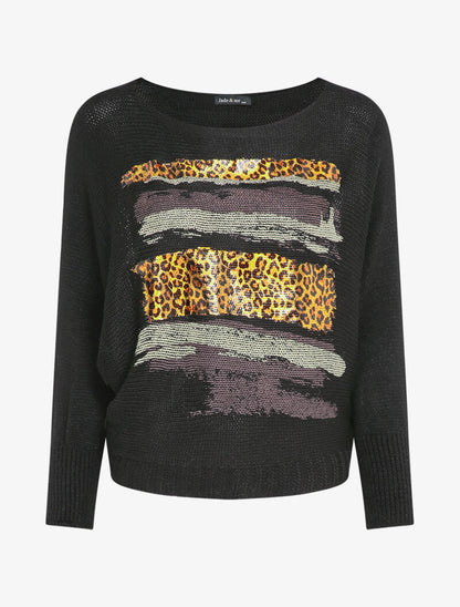 Pull à col bateau et motifs léopard lamés - Noir - 1