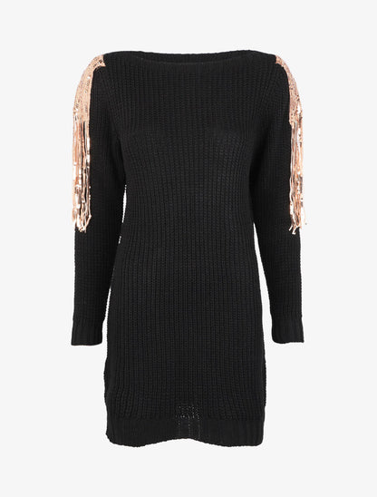 Robe pull en maille à épaules à sequins - Noir - 4