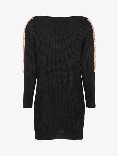 Robe pull en maille à épaules à sequins - Noir - 2