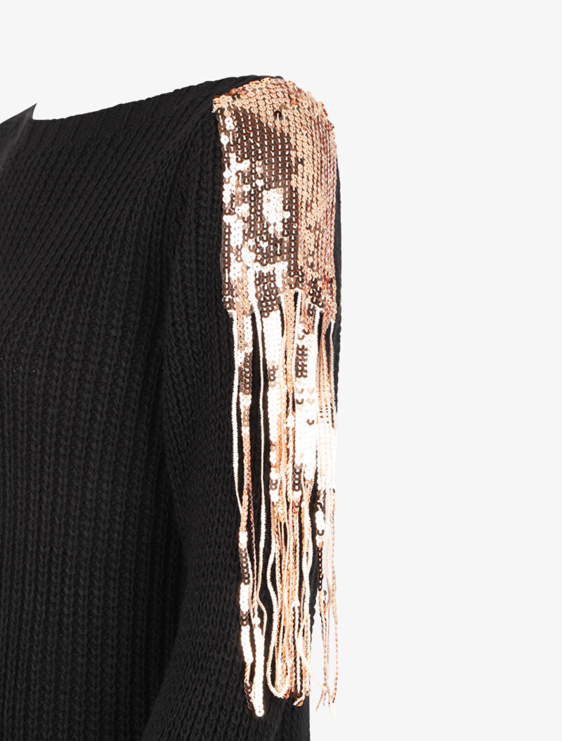 Robe pull en maille à épaules à sequins - Noir - 3
