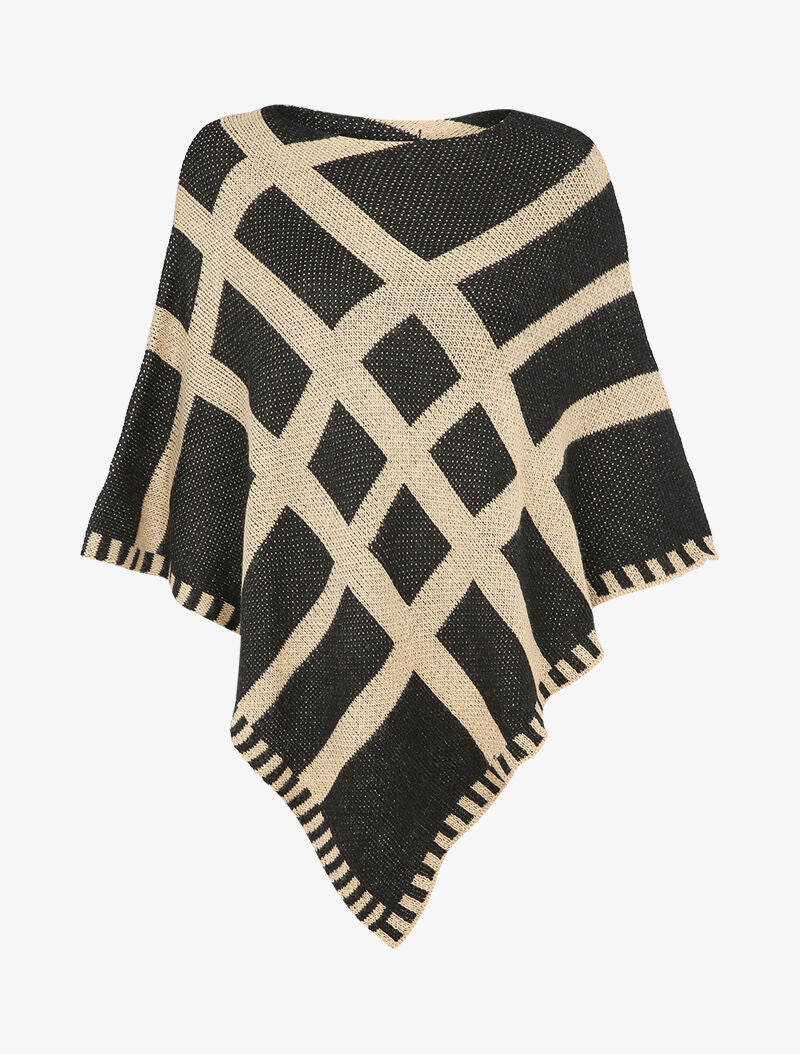Poncho en maille à motifs géométrique - Noir/camel - 4