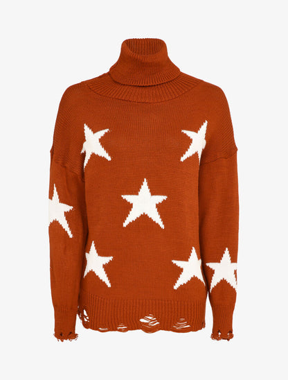 Pull à col roulé à bords effilochés et imprimé étoiles - Rouille - 1