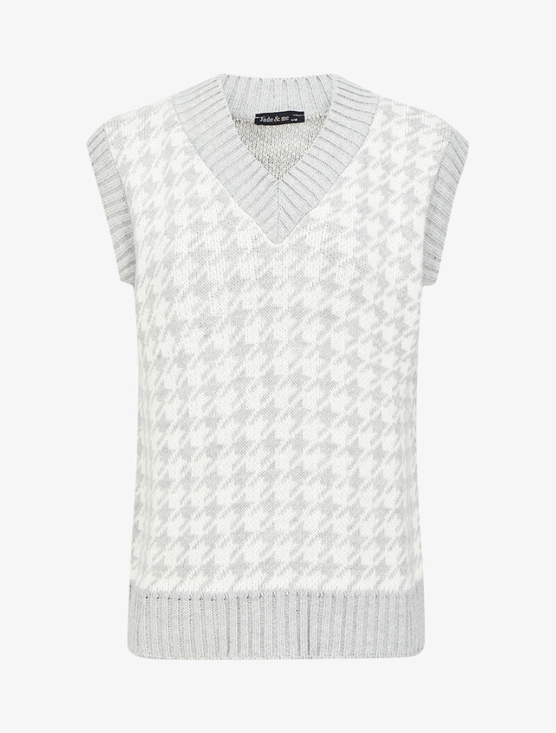 Pull sans manches à col V et imprimé pied de poule - Gris clair - 4