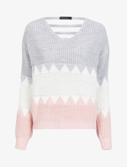 Pull à motifs géométriques et dos en V ajouré - Gris clair - 4