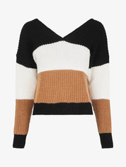 Pull rayé à col et dos en V - Camel - 1