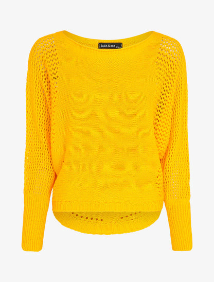 Pull à col bateau à manches en maille ajourée - Jaune - 1