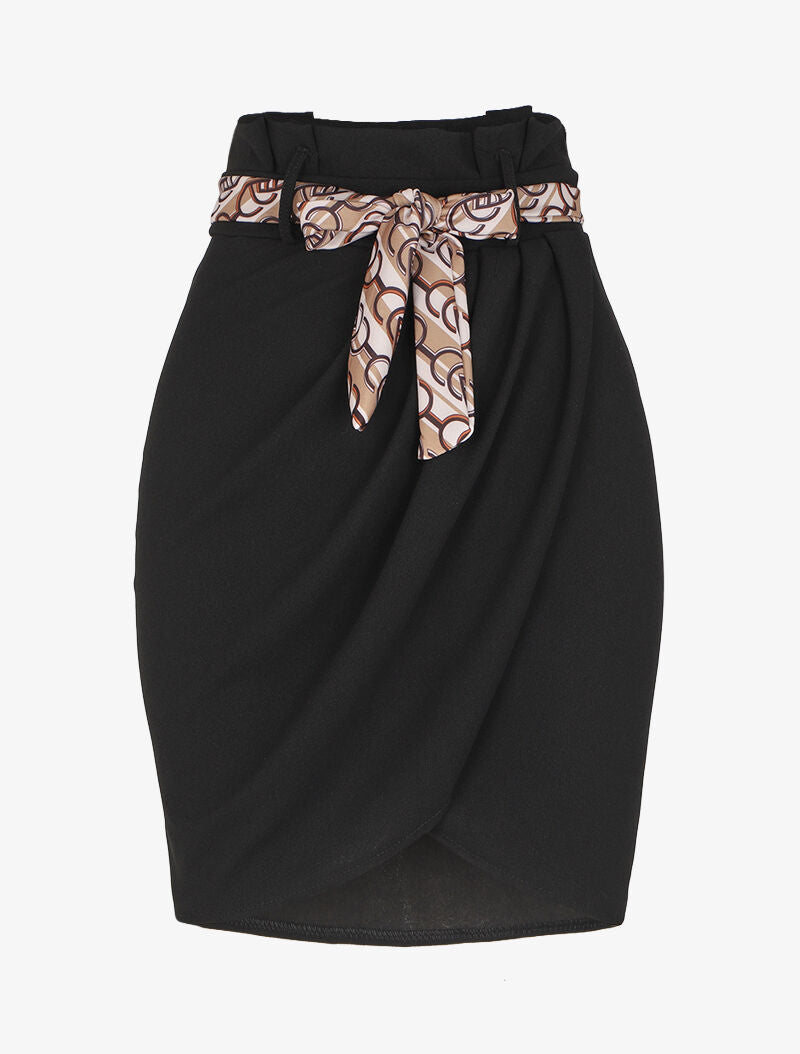 Jupe portefeuille à ceinture stylisée - Noir/beige - 4