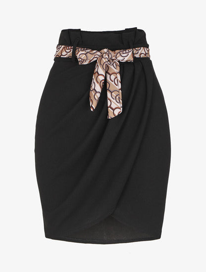 Jupe portefeuille à ceinture stylisée - Noir/beige - 4