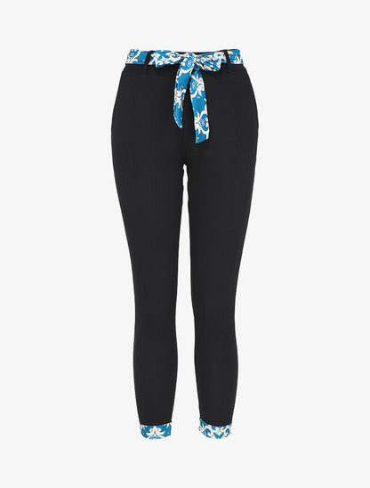Pantalon taille haute 7/8 à revers imprimés - Noir/bleu - 4