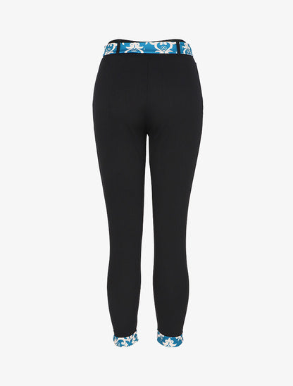 Pantalon taille haute 7/8 à revers imprimés - Noir/bleu - 2
