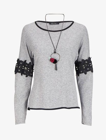 Pull à dos long et manches à détails broderies et perles - Gris chiné - 4