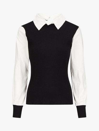Top côtelé à col et manches style chemise - Noir - 1