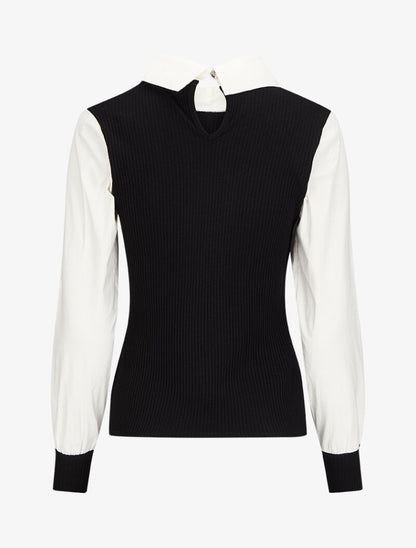 Top côtelé à col et manches style chemise - Noir - 2