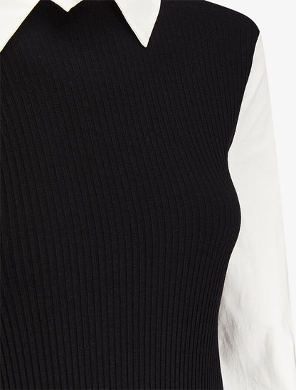 Top côtelé à col et manches style chemise - Noir - 3