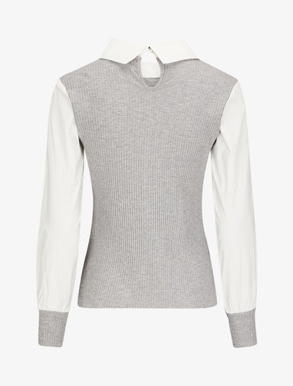 Top côtelé à col et manches style chemise - Gris - 2