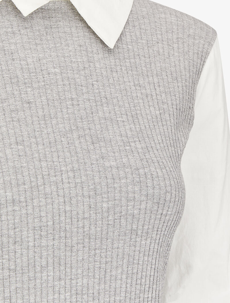 Top côtelé à col et manches style chemise - Gris - 3