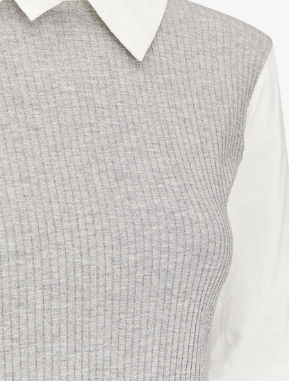Top côtelé à col et manches style chemise - Gris - 3