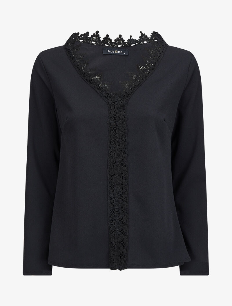 Blouse à col V en crochet - Noir - 1