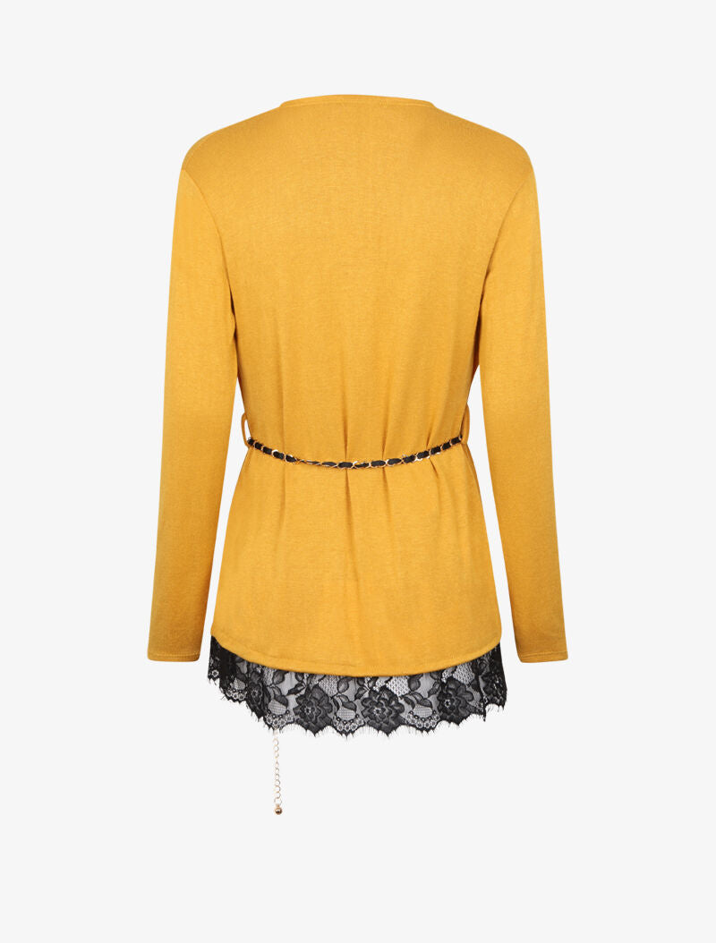 Gilet en maille fine à bords en dentelle - Jaune - 2
