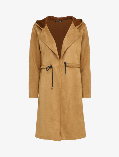 Veste longue à capuche en suédine - Camel - 1