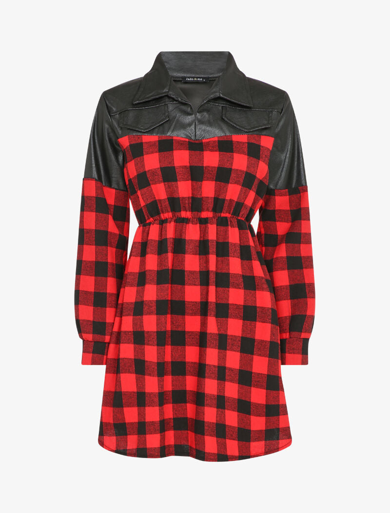 Robe chemise à carreaux et épaules en simili - Rouge - 1