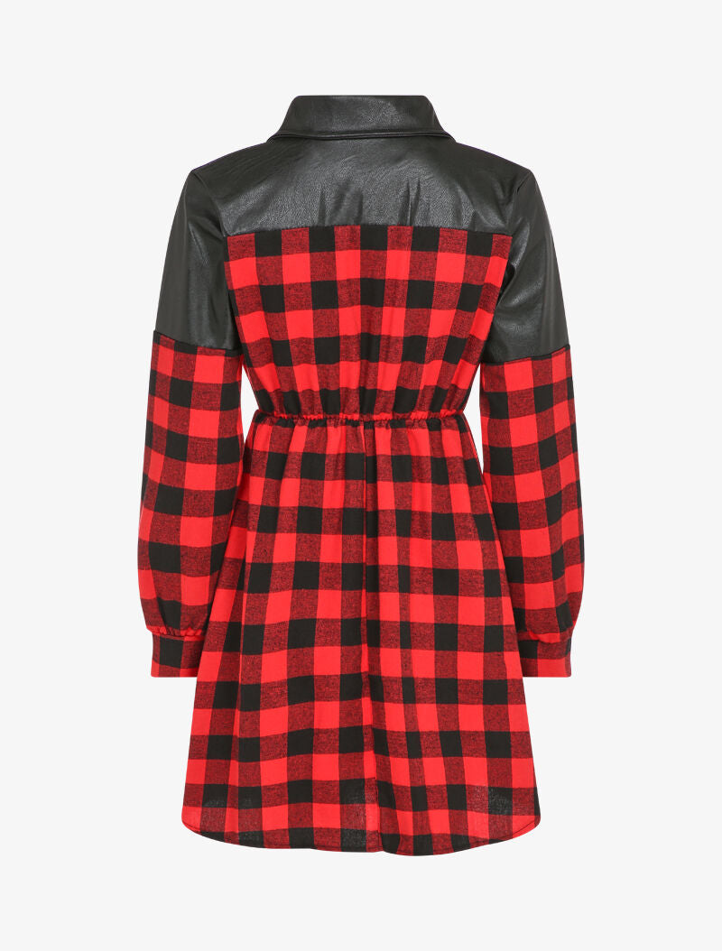 Robe chemise à carreaux et épaules en simili - Rouge - 2