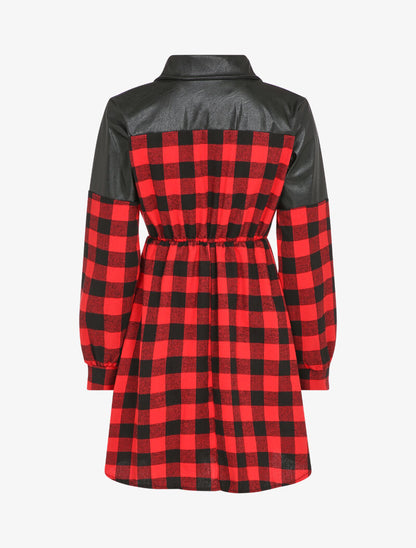 Robe chemise à carreaux et épaules en simili - Rouge - 2