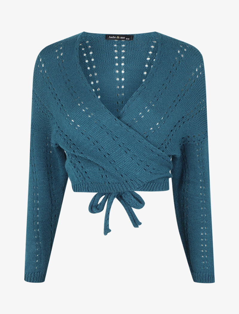 Gilet cache-coeur court en maille ajourée - Bleu - 4