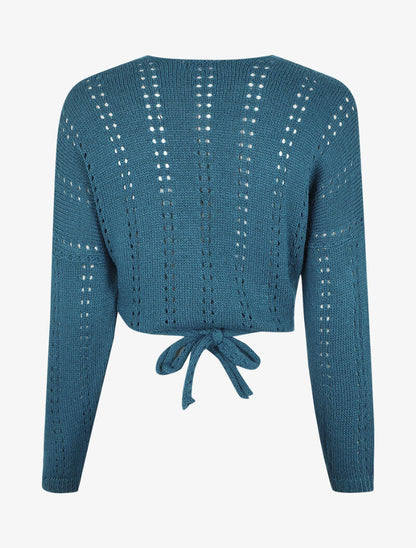 Gilet cache-coeur court en maille ajourée - Bleu - 2
