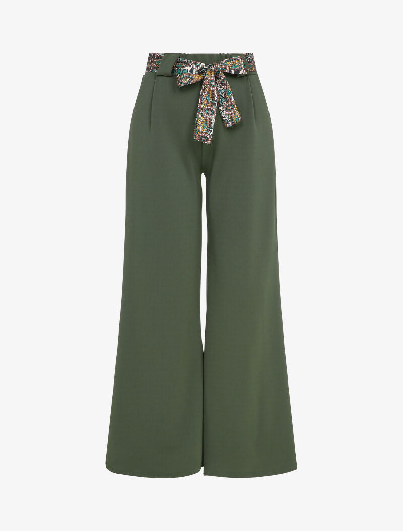Pantalon flare élastiqué à ceinture style foulard - Vert olive - 1