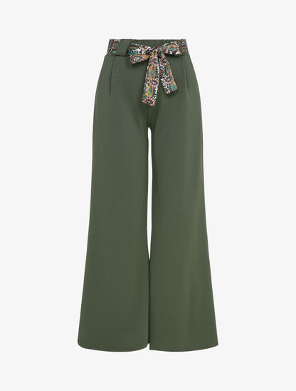 Pantalon flare élastiqué à ceinture style foulard - Vert olive - 1