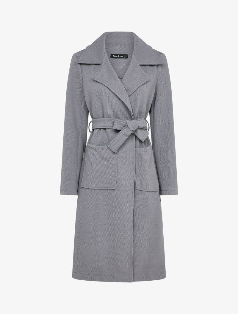 Manteau long ceinturé en feutrine striée - Gris - 1