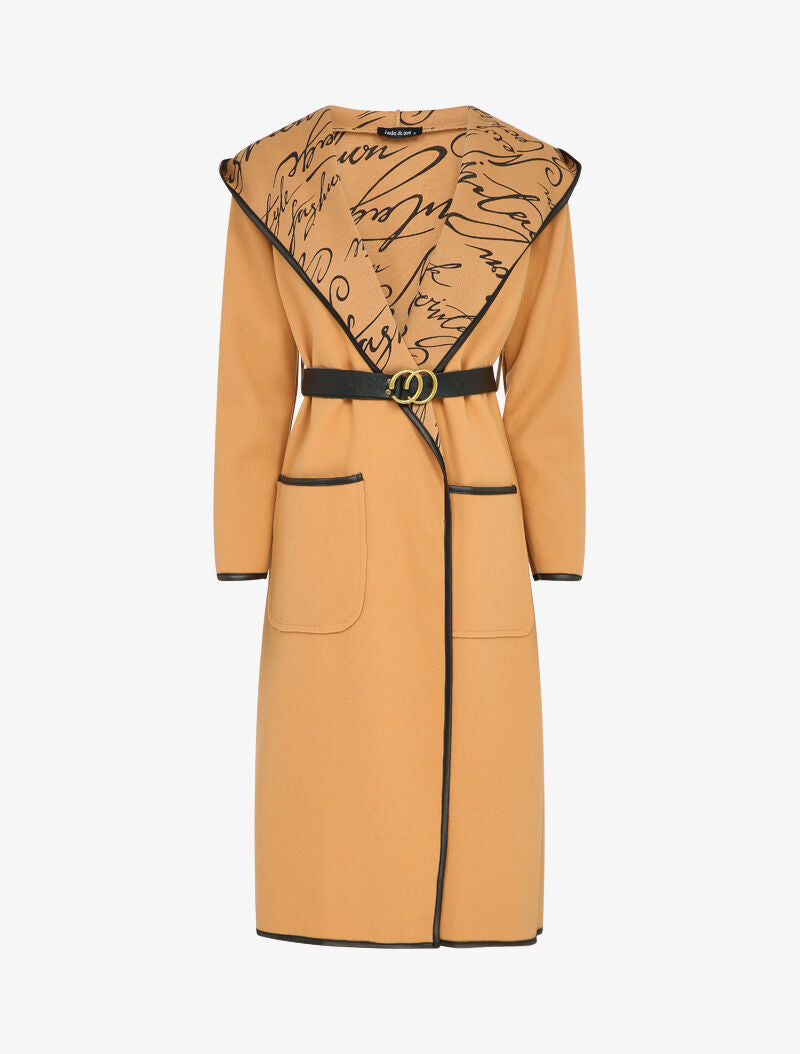Manteau long à capuche et doublure à messages - Camel - 1
