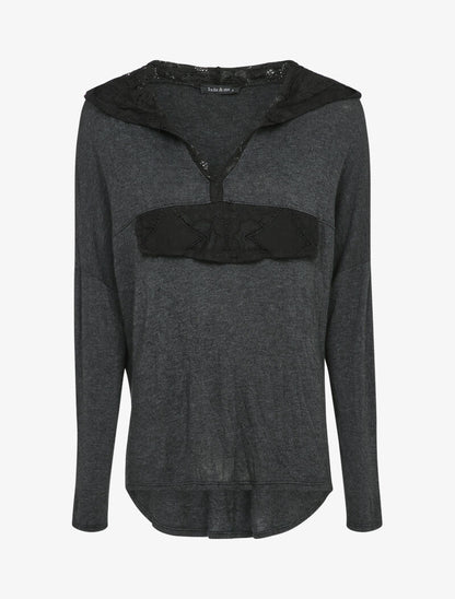 Pull fin à capuche et rabat décoratif en dentelle - Anthracite - 4