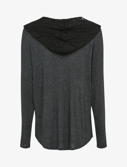 Pull fin à capuche et rabat décoratif en dentelle - Anthracite - 2