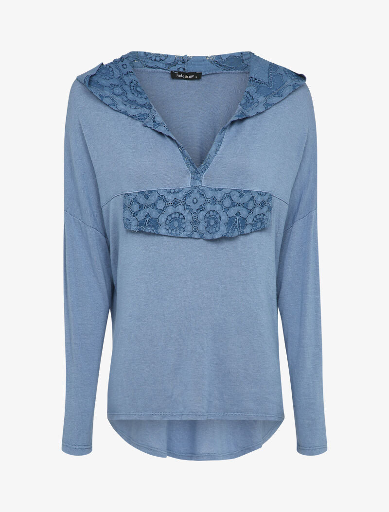Pull fin à capuche et rabat décoratif en dentelle - Bleu clair - 1