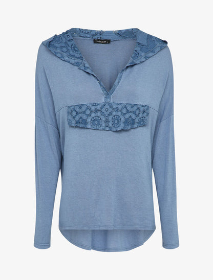 Pull fin à capuche et rabat décoratif en dentelle - Bleu clair - 1