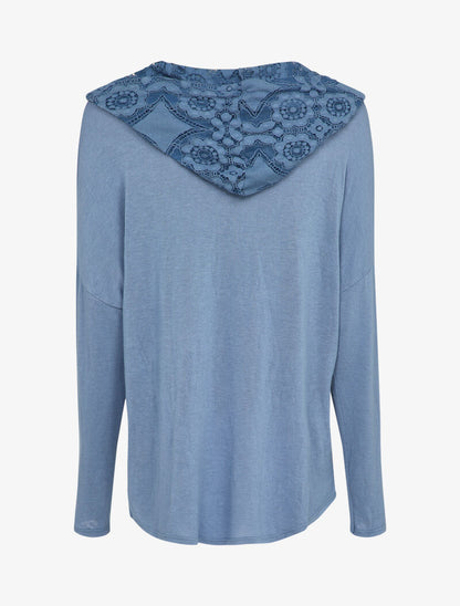 Pull fin à capuche et rabat décoratif en dentelle - Bleu clair - 2