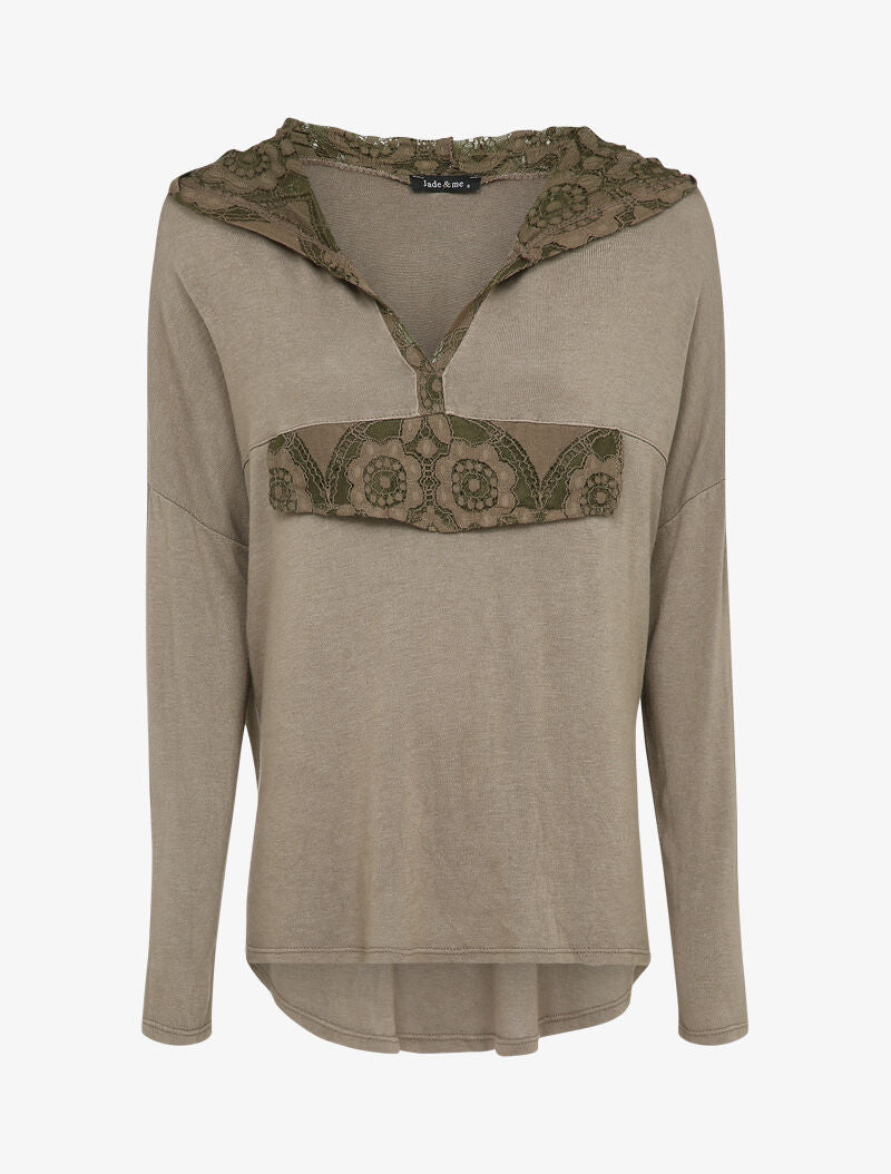 Pull fin à capuche et rabat décoratif en dentelle - Taupe - 1