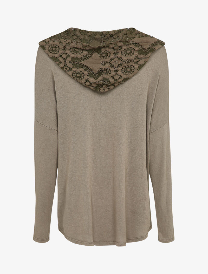 Pull fin à capuche et rabat décoratif en dentelle - Taupe - 2