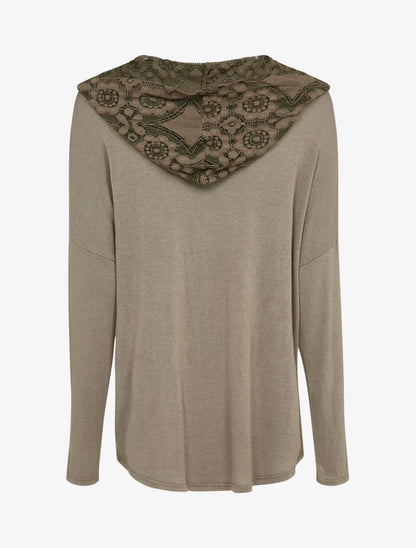 Pull fin à capuche et rabat décoratif en dentelle - Taupe - 2