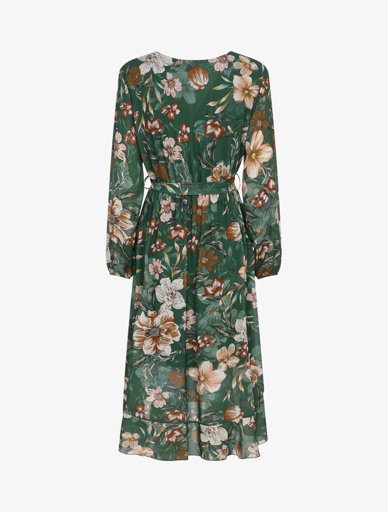 Robe cache-coeur imprimé orchidées à bords volantés - Vert émeraude - 2