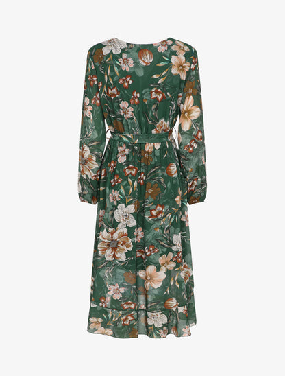 Robe cache-coeur imprimé orchidées à bords volantés - Vert émeraude - 2