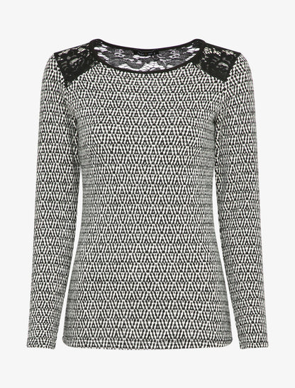 Pull à empiècement dentelle et motif géométrique - Noir/blanc - 4