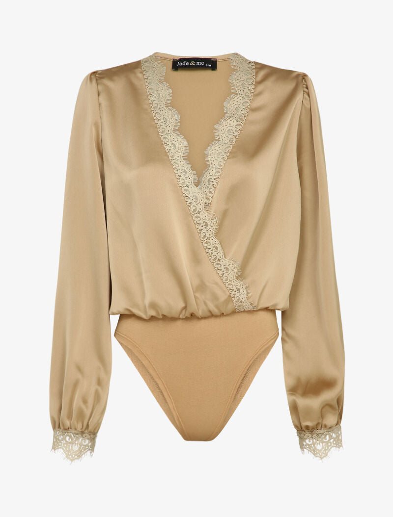 Body satiné à bords en dentelle - Beige - 1