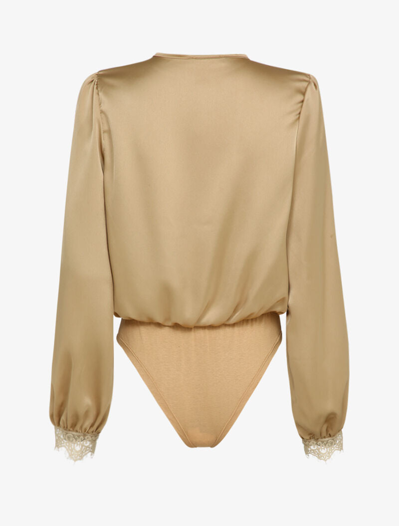 Body satiné à bords en dentelle - Beige - 2
