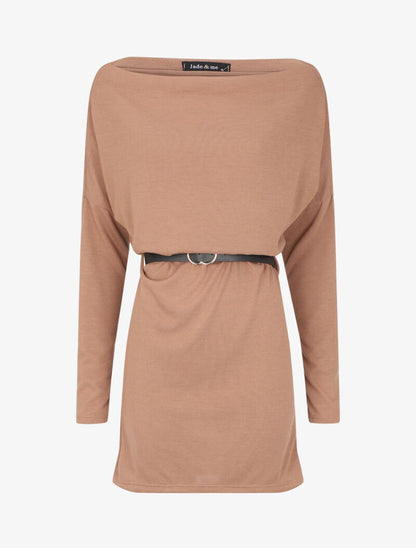 Robe à col bénitier et manches dolman - Camel - 4