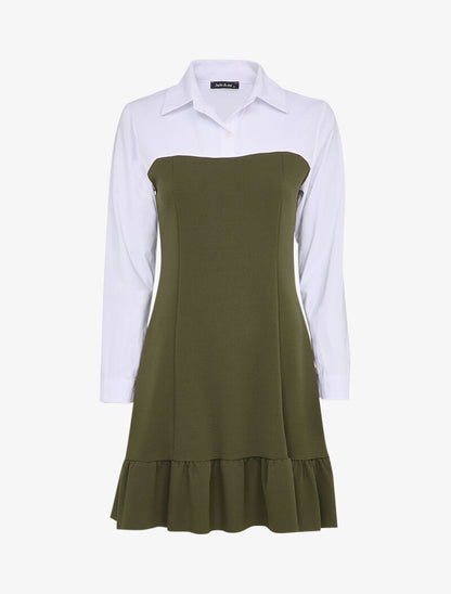 Robe volantée à empiècement chemise - Kaki - 3
