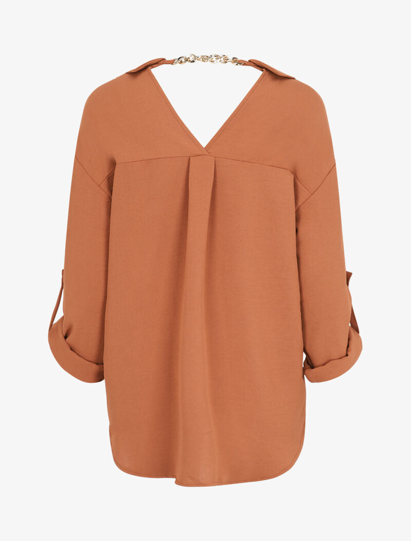 Chemise oversize avec chaîne à maillons dorés au dos - Camel - 2