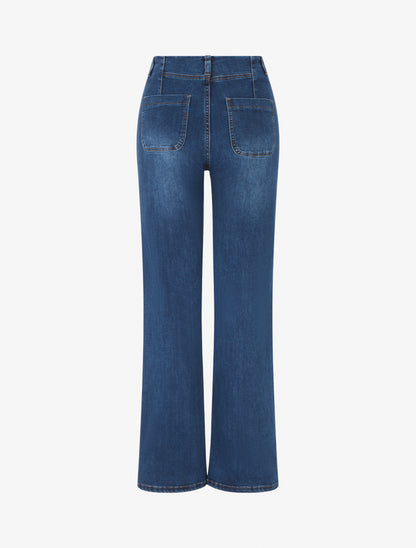 Jean taille basse à boutons décoratifs coupe droite - Bleu - 2